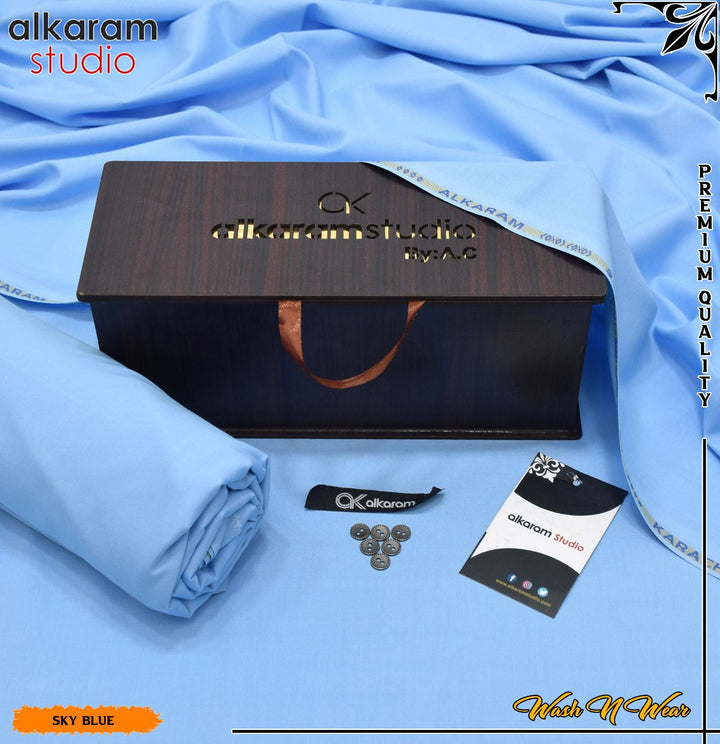 Carnivals Wash&Wear Boski Fabric for Men By Al-Karam in Wooden Box Sky Blue