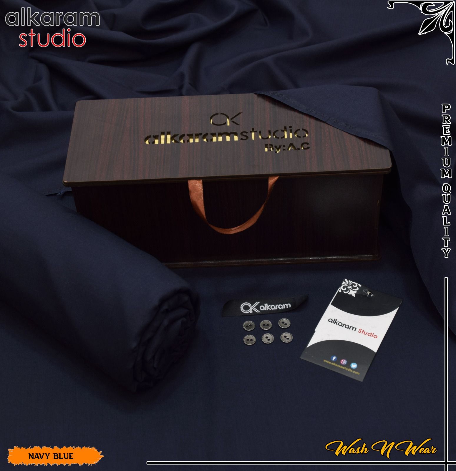 Carnivals Wash&Wear Boski Fabric for Men By Al-Karam in Wooden Box Navy Blue
