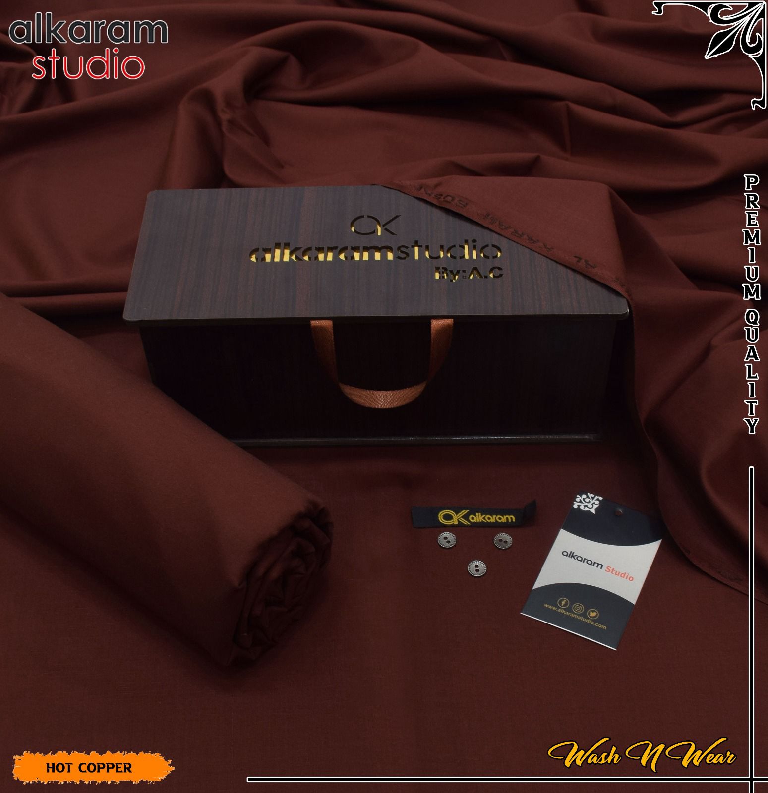 Carnivals Wash&Wear Boski Fabric for Men By Al-Karam in Wooden Box Hot Copper