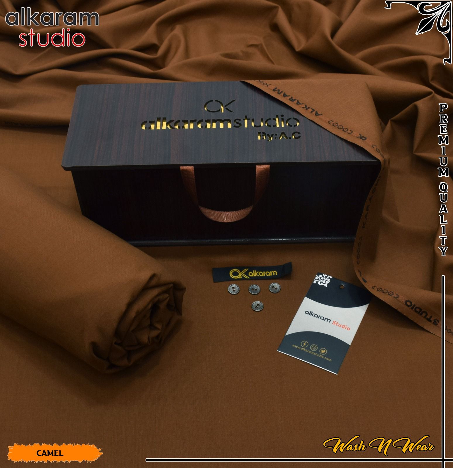 Carnivals Wash&Wear Boski Fabric for Men By Al-Karam in Wooden Box Caramel Dusk