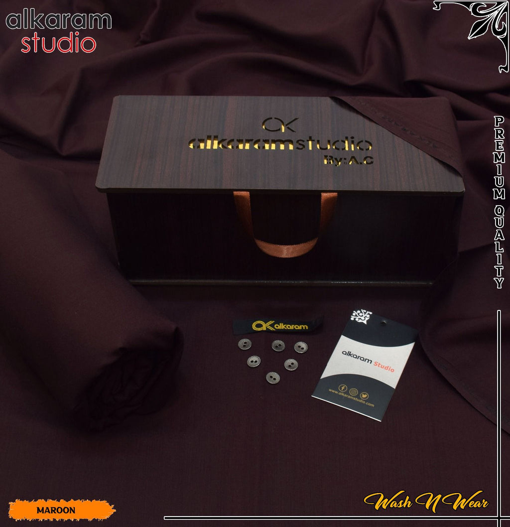 Carnivals Wash&Wear Boski Fabric for Men By Al-Karam in Wooden Box Alkaram Noble Maroon
