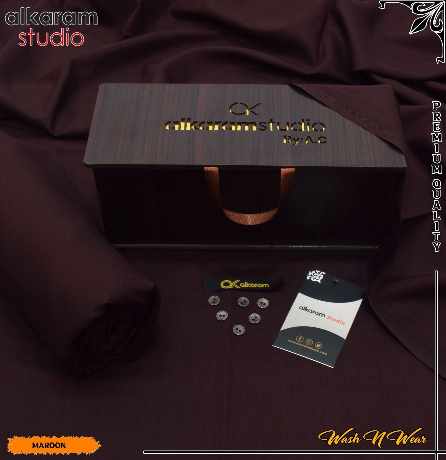 Carnivals Wash&Wear Boski Fabric for Men By Al-Karam in Wooden Box Alkaram Noble Maroon