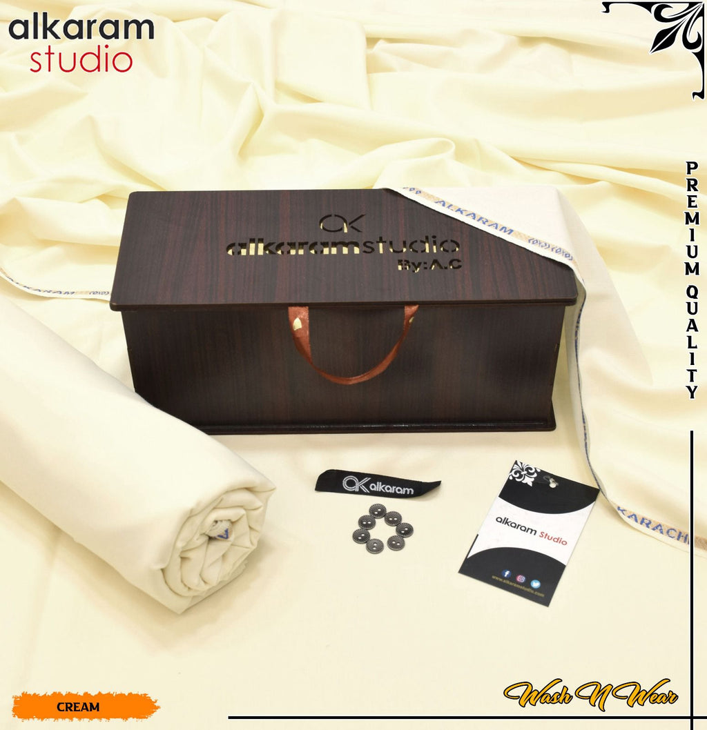 Carnivals Wash&Wear Boski Fabric for Men By Al-Karam in Wooden Box Ivory Aura