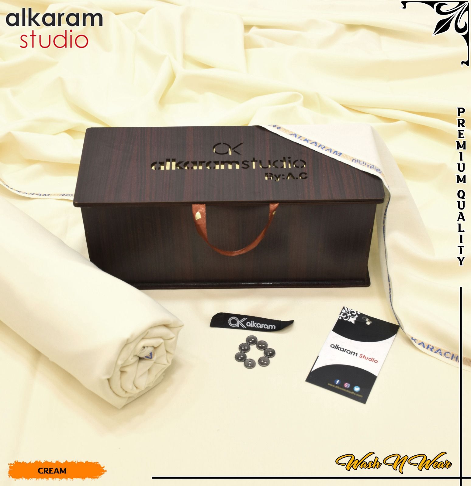 Carnivals Wash&Wear Boski Fabric for Men By Al-Karam in Wooden Box Ivory Aura
