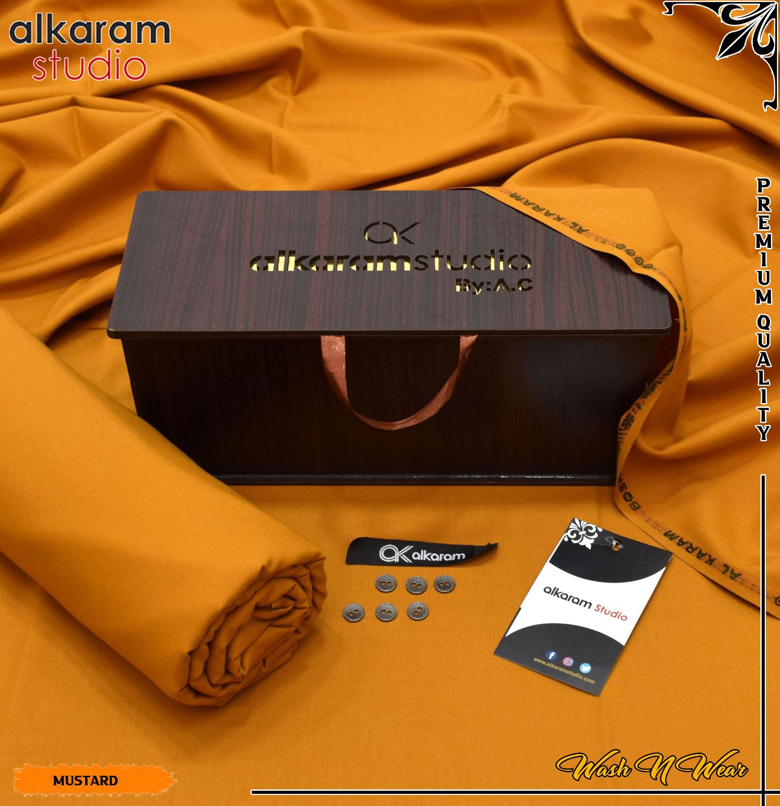 Carnivals Wash&Wear Boski Fabric for Men By Al-Karam in Wooden Box Golden Ochre