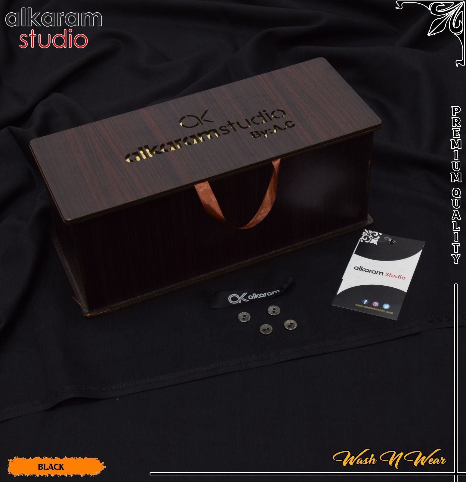 Carnivals Wash&Wear Boski Fabric for Men By Al-Karam in Wooden Box Cosmic Black