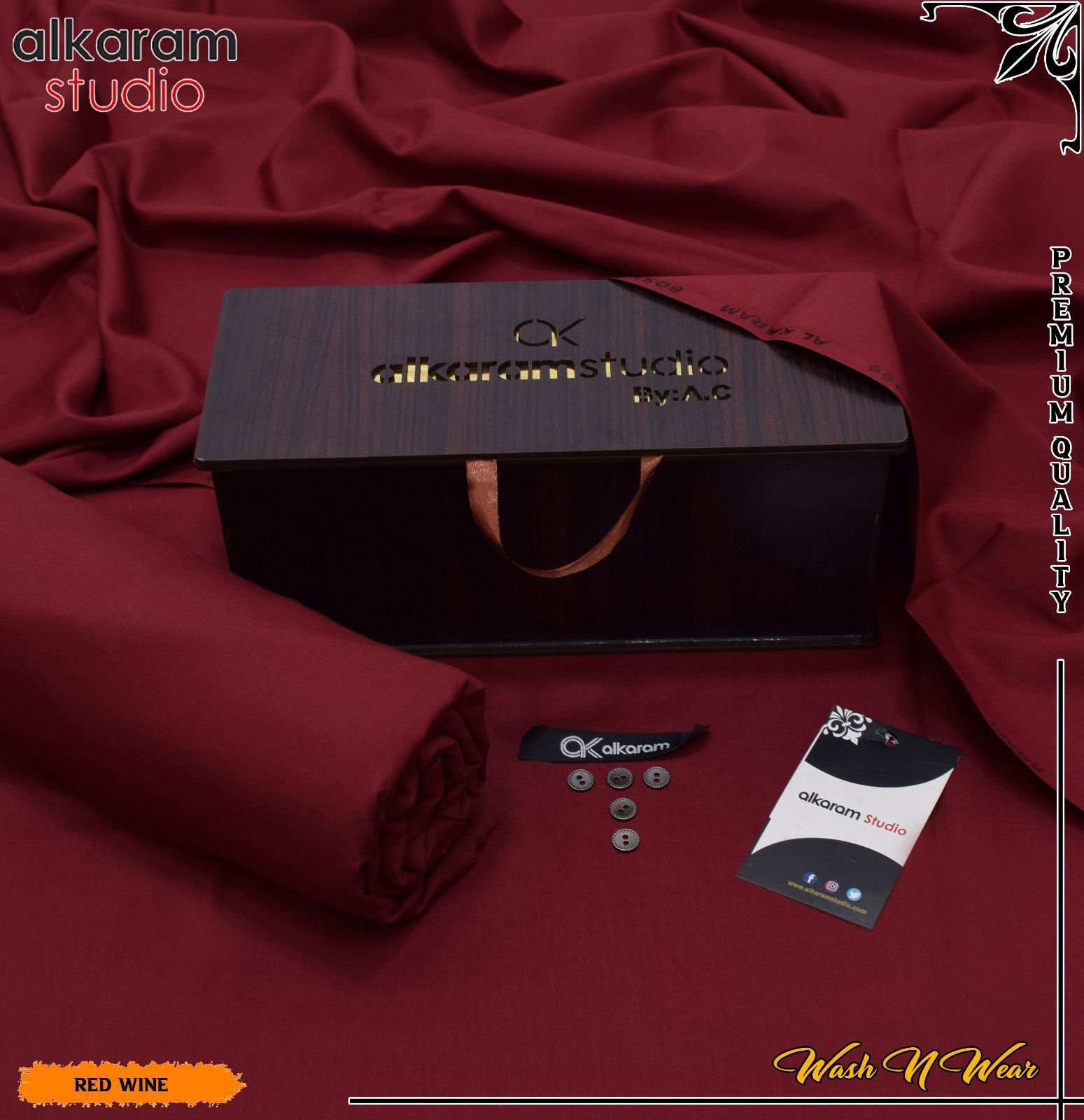 Carnivals Wash&Wear Boski Fabric for Men By Al-Karam in Wooden Box Alkaram Noble Red