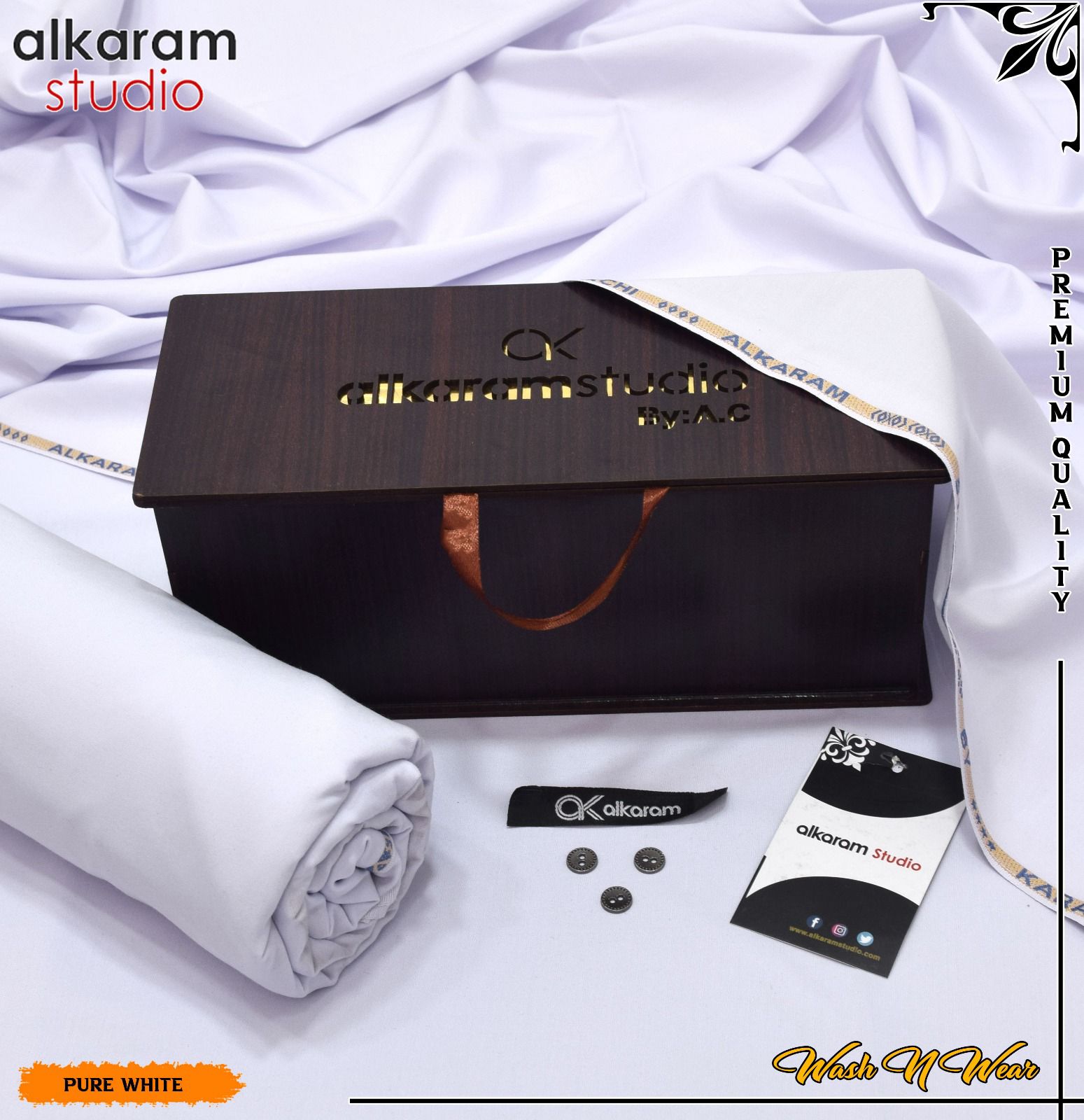 Carnivals Wash & Wear Boski Fabric for Men By Al-Karam Studio With Wooden Box Zenith White