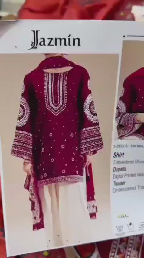 Jazmin Dhanak Embroidered 3Pcs Luxury Collection Red