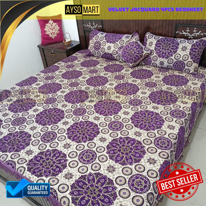 Velvet Jacquard 4pcs King Size Bedsheet Set Circles