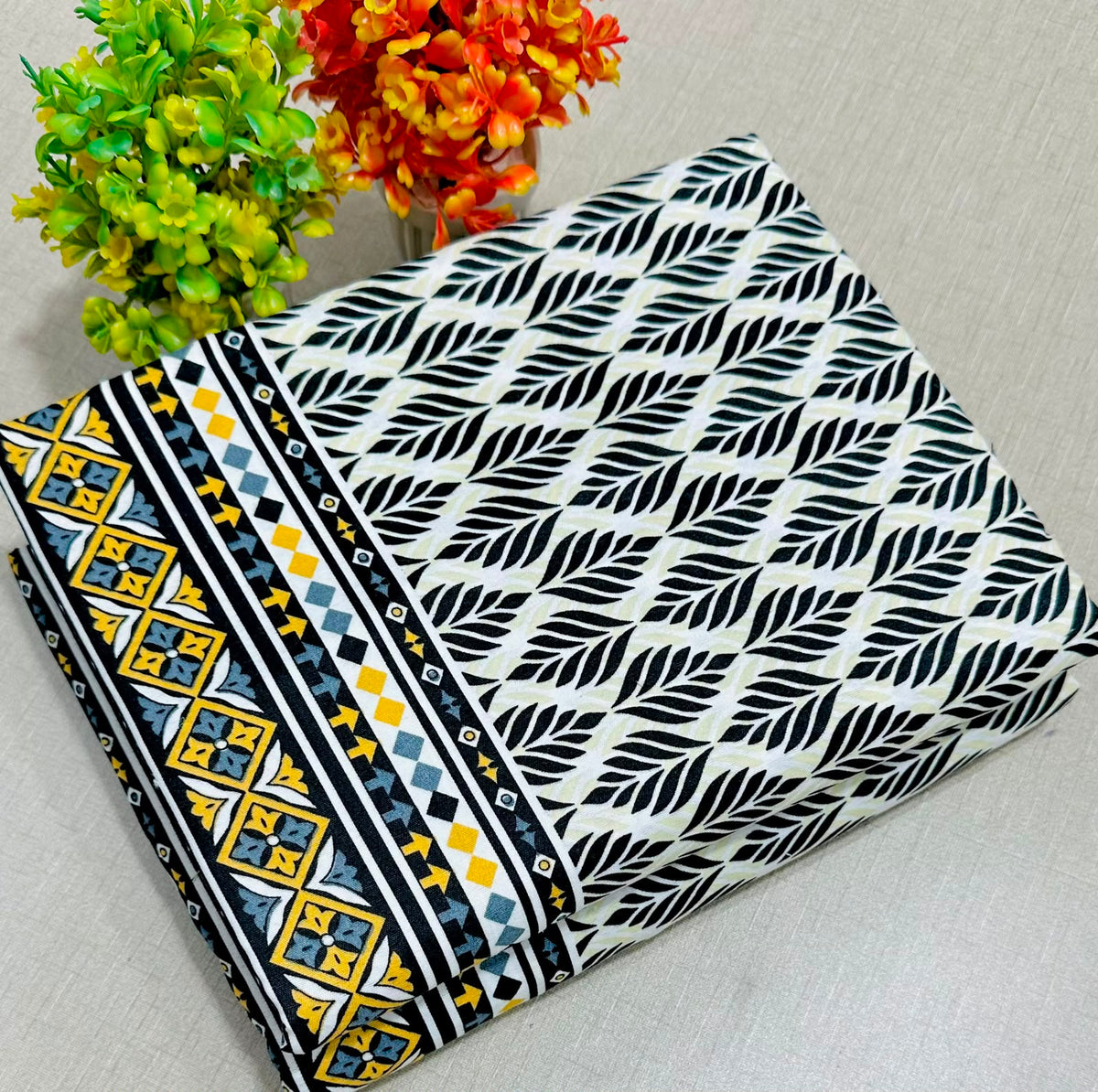 Summer Cotton All over 2pcs Premium Suit White Black Border floral