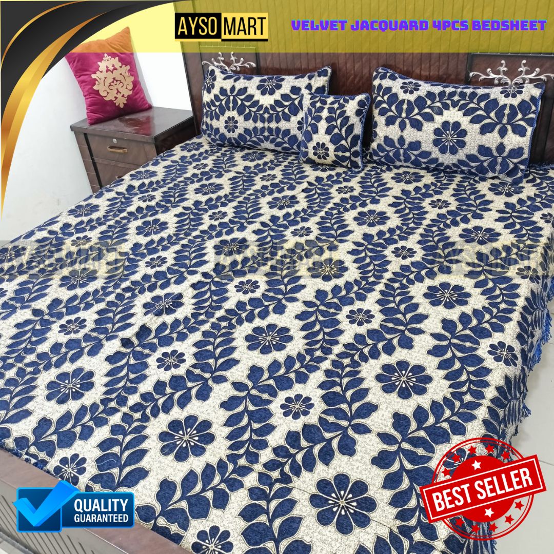 Velvet Jacquard 4pcs King Size Bedsheet Set leafs