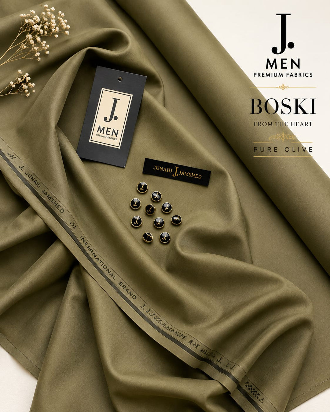 J. Junaid Jamshaid Online Premium Wash & Wear Boski Suiting For Men Pure Olive