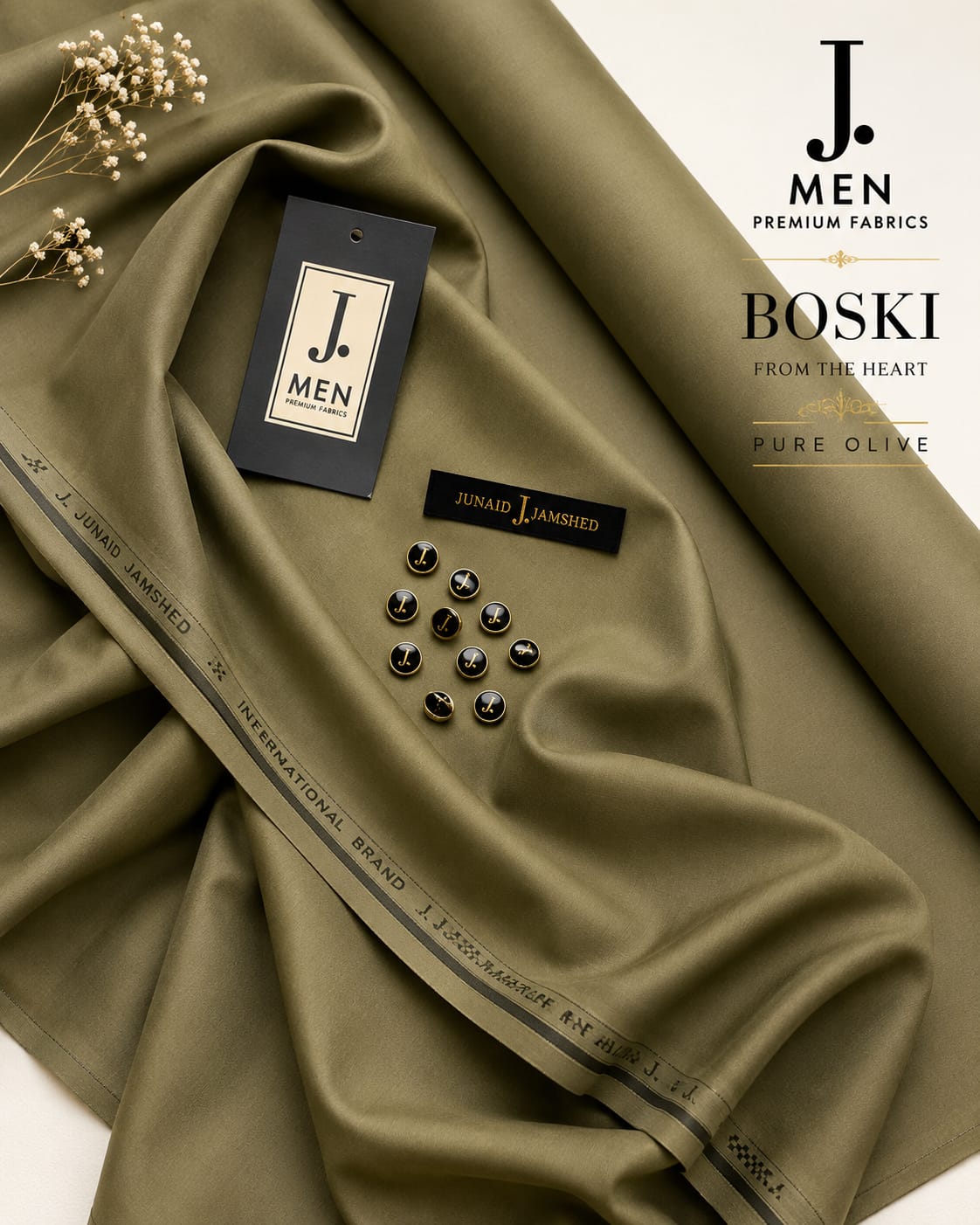 J. Junaid Jamshaid Online Premium Wash & Wear Boski Suiting For Men Pure Olive