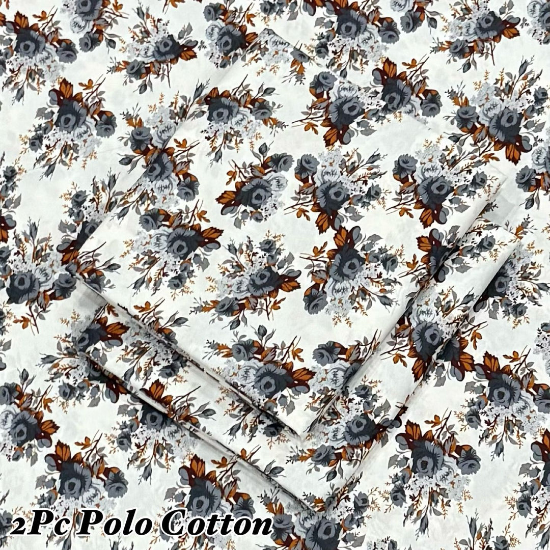 Micro Polo Cotton 2pcs Suit White Grey Flowers