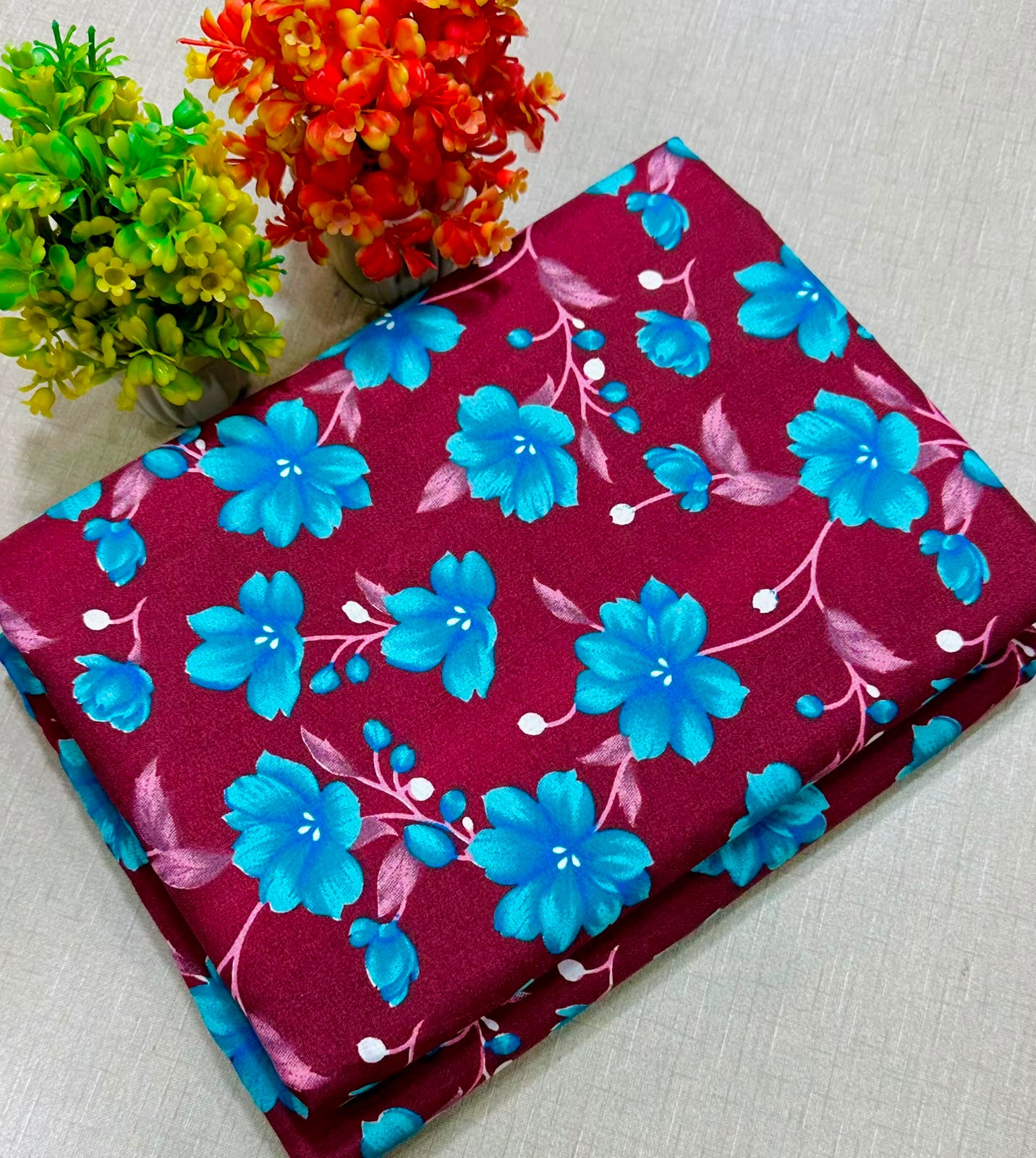 Summer Cotton All over 2pcs Premium Suit Meroon Sky Flowers NW