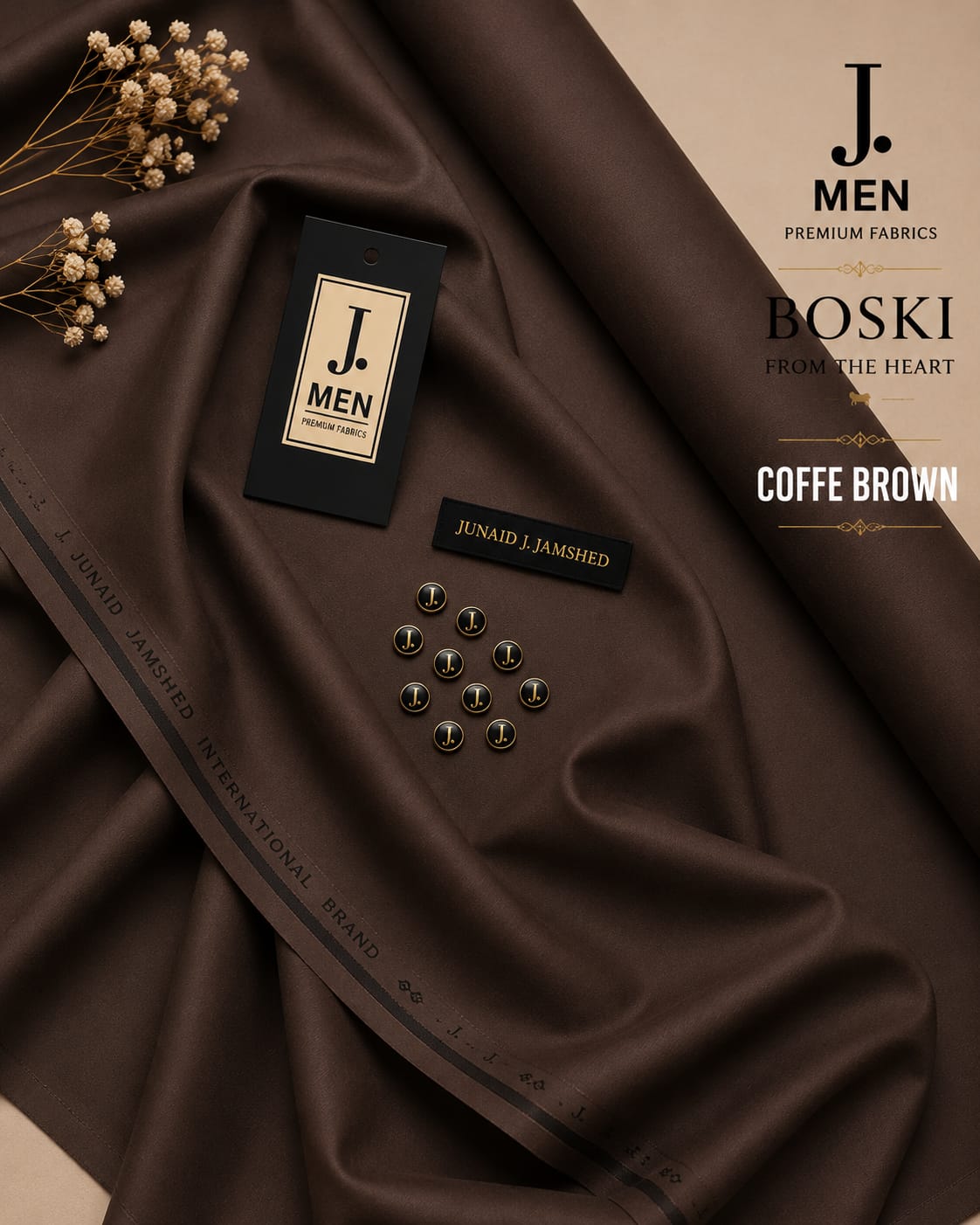 J. Junaid Jamshaid Online Premium Wash & Wear Boski Suiting For Men Coffee Brown