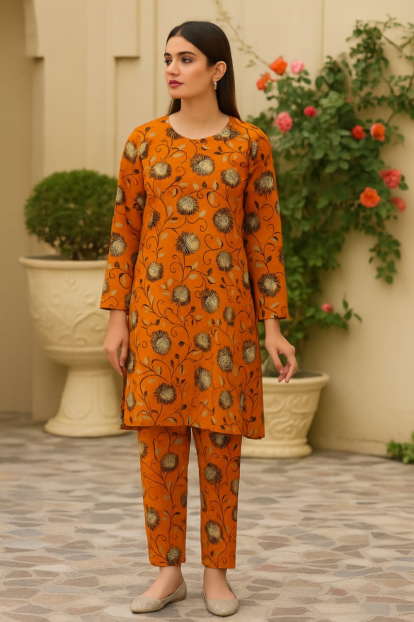 Summer Cotton All over 2pcs Premium Suit New Orange sunny Flower