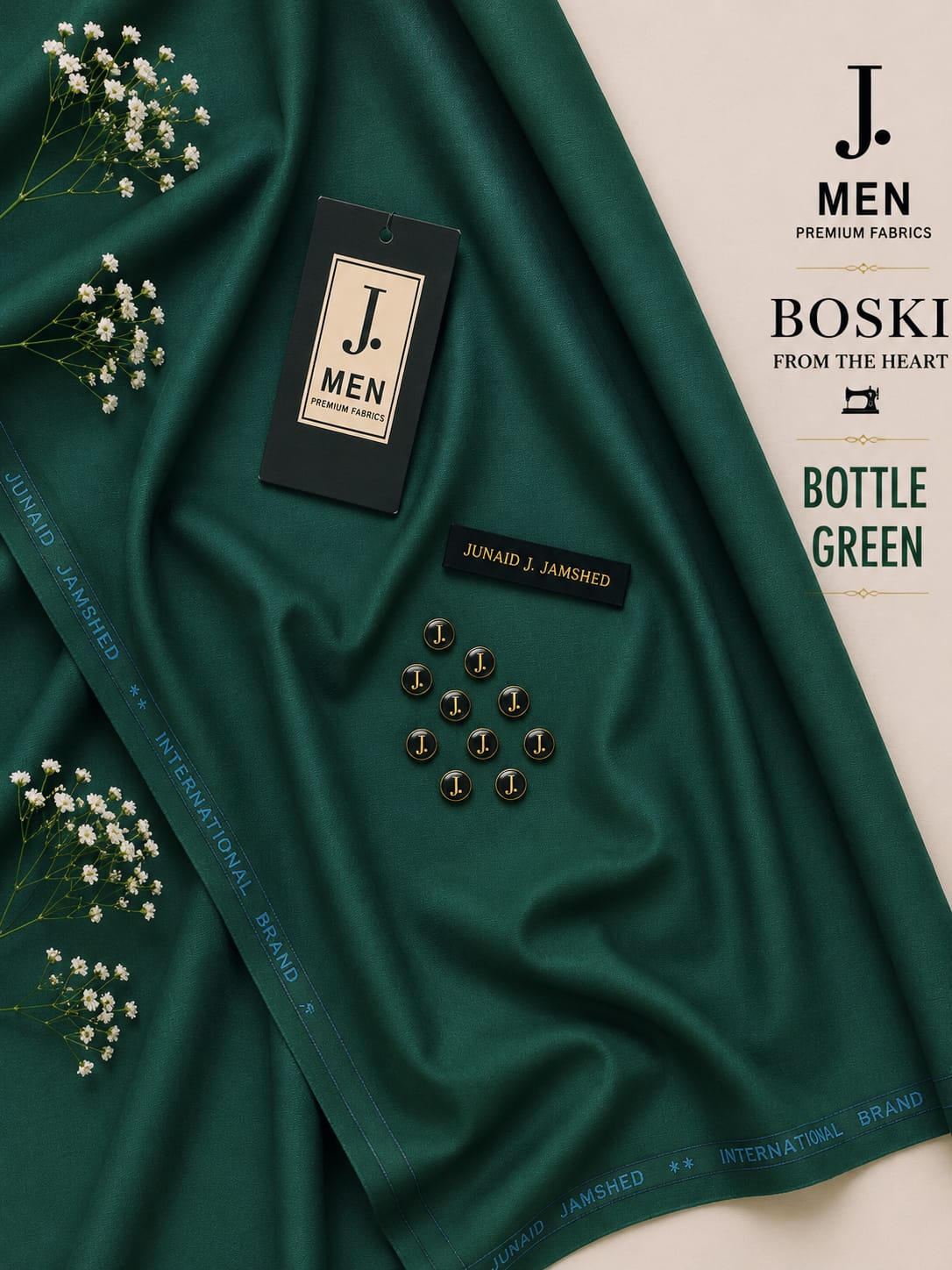 J. Junaid Jamshaid Online Premium Wash & Wear Boski Suiting For Men Bottle Green