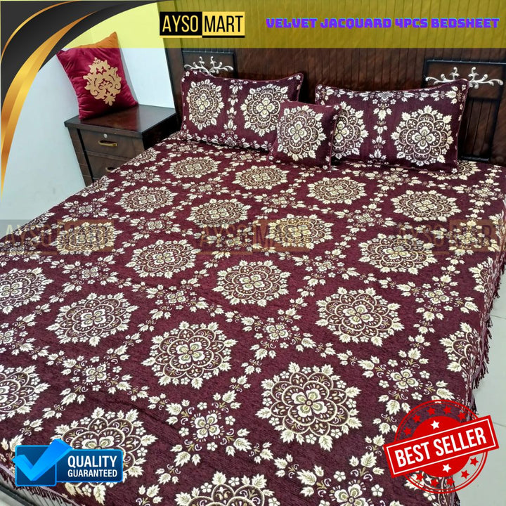 Velvet Jacquard 4pcs King Size Bedsheet Set Diamond