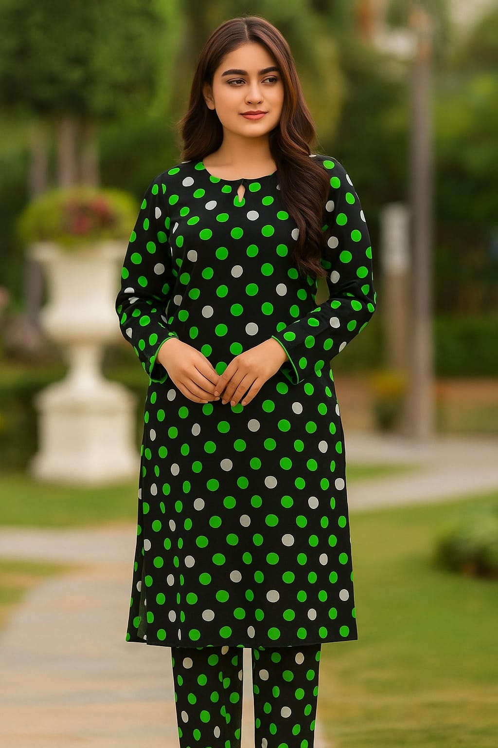 Micro Polo Cotton 2pcs Suit Round Green white