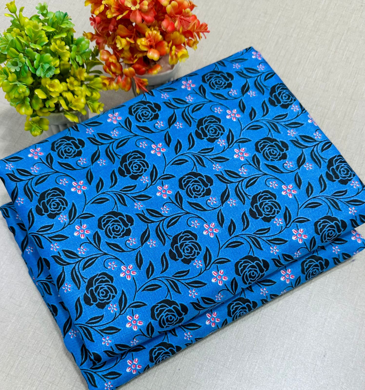 Summer Cotton All over 2pcs Premium Suit Blue Black Roses Tran