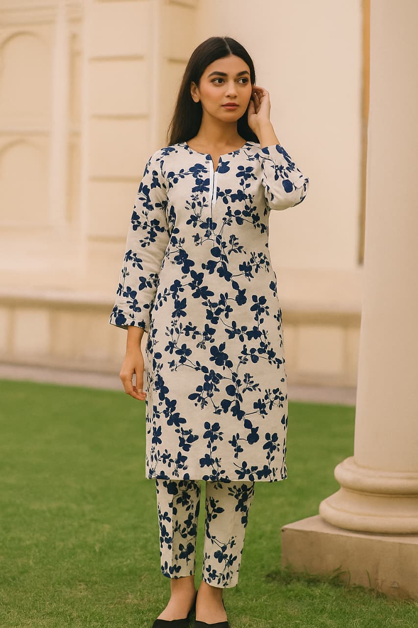 Micro Polo Cotton 2pcs Suit White Blue Floral