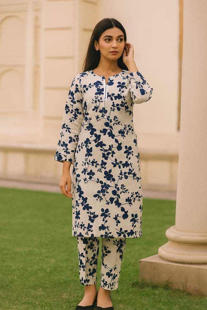 Micro Polo Cotton 2pcs Suit White Blue Floral