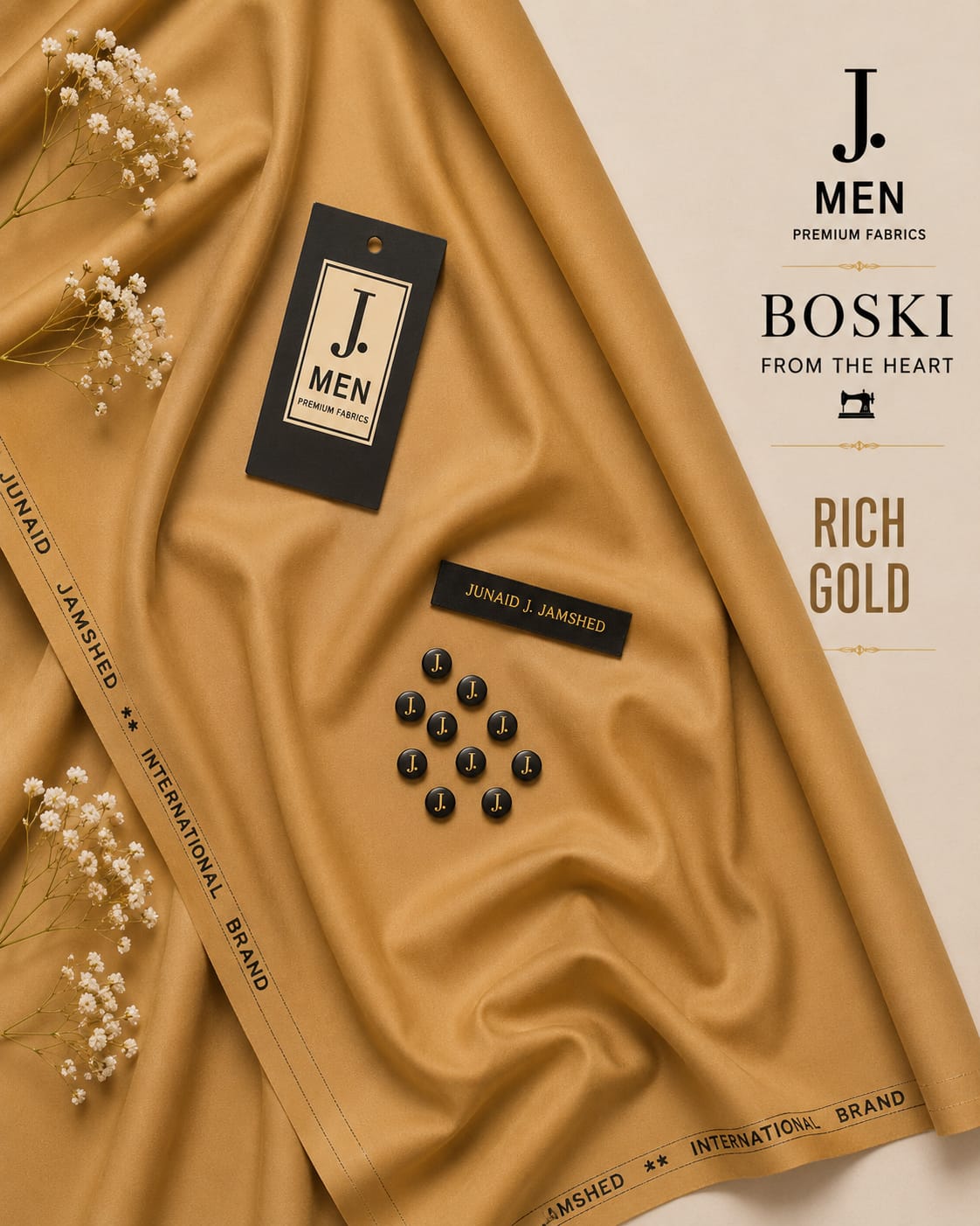 J. Junaid Jamshaid Online Premium Wash & Wear Boski Suiting For Men Rich Gold
