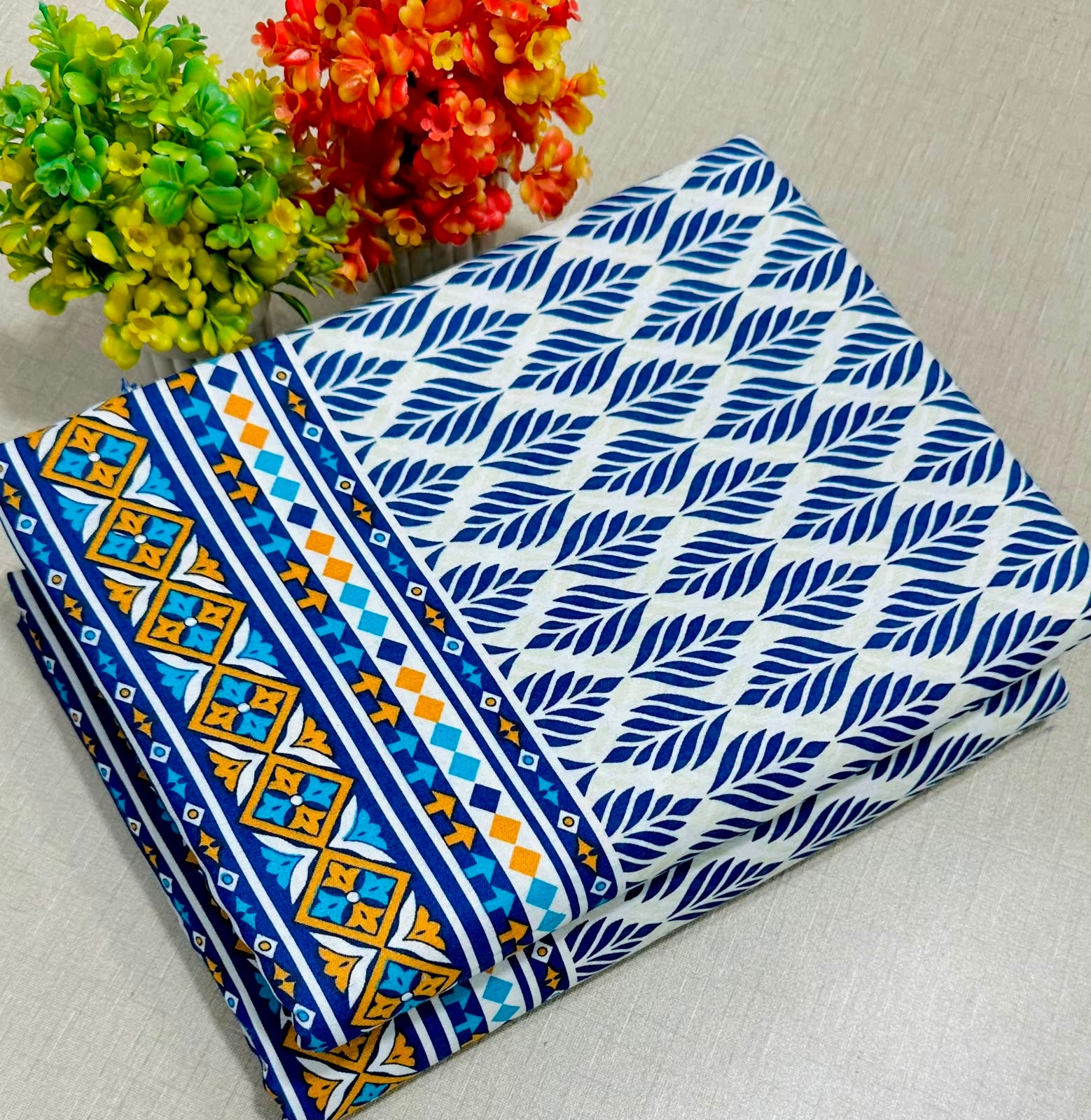 Summer Cotton All over 2pcs Premium Suit White Blue Border floral