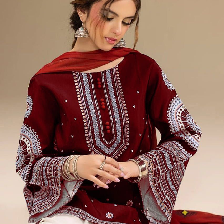 Jazmin Dhanak Embroidered 3Pcs Luxury Collection Red