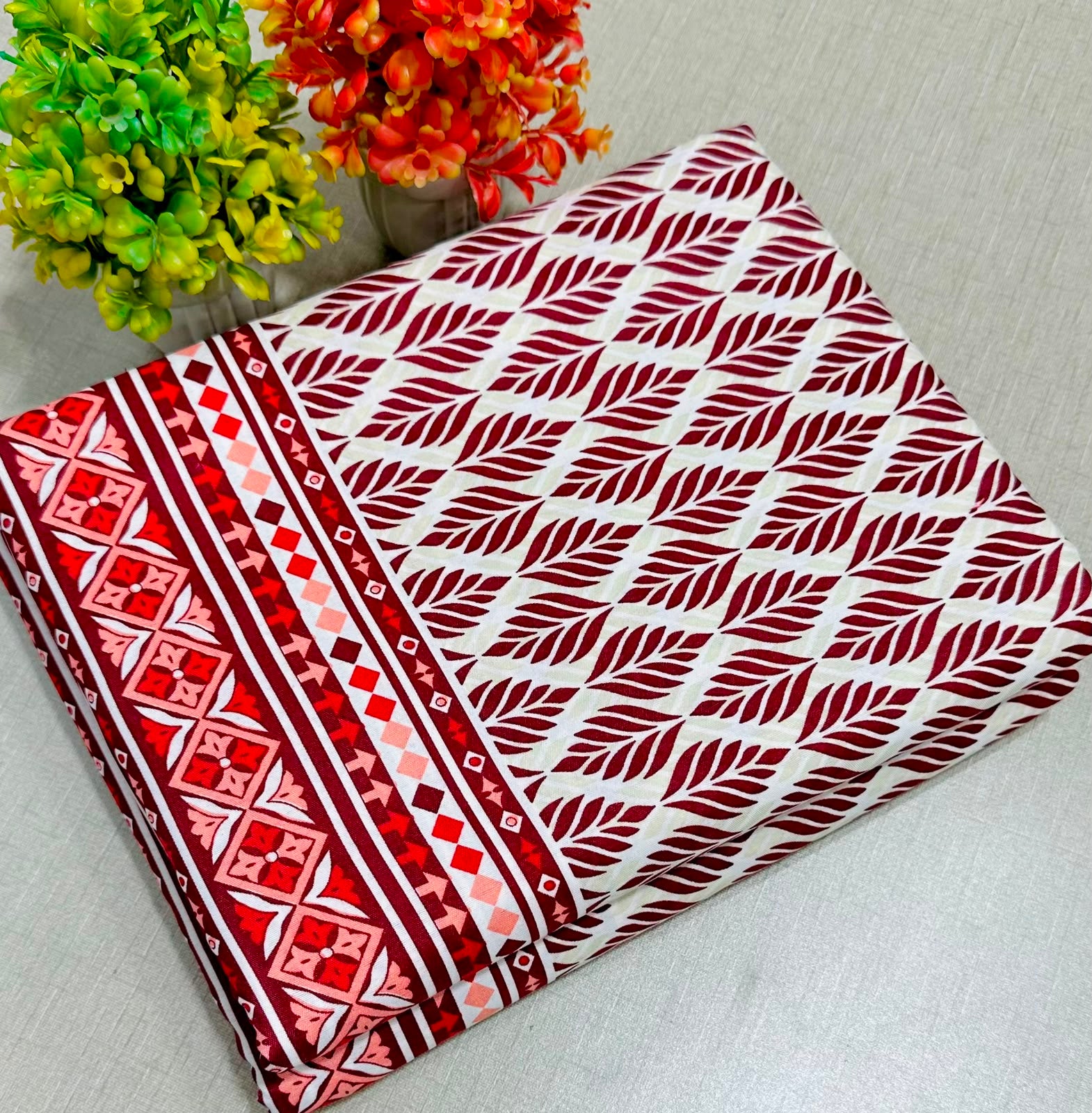 Summer Cotton All over 2pcs Premium Suit White Red Border floral