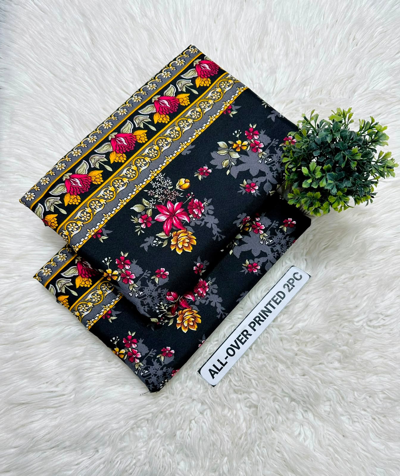 Summer Cotton All over 2pcs Premium Black Red Floral Border