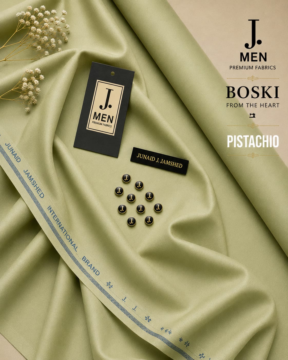 J. Junaid Jamshaid Online Premium Wash & Wear Boski Suiting For Men Pistachio