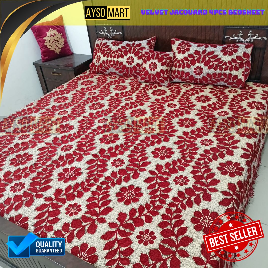 Velvet Jacquard 4pcs King Size Bedsheet Set leafs