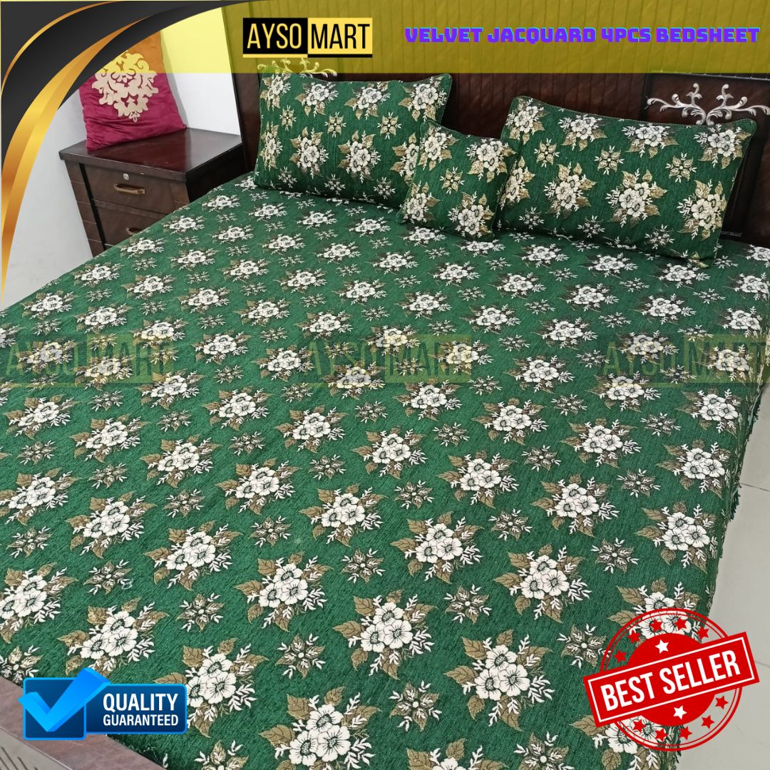 Velvet Jacquard 4pcs King Size Bedsheet Set Star Flower