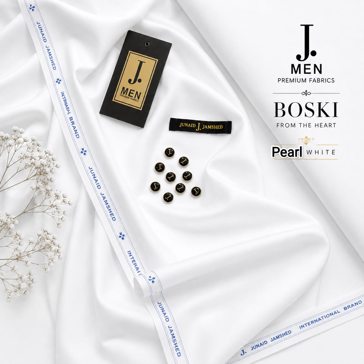 J. Junaid Jamshaid Online Premium Wash & Wear Boski Suiting For Men Pearl White