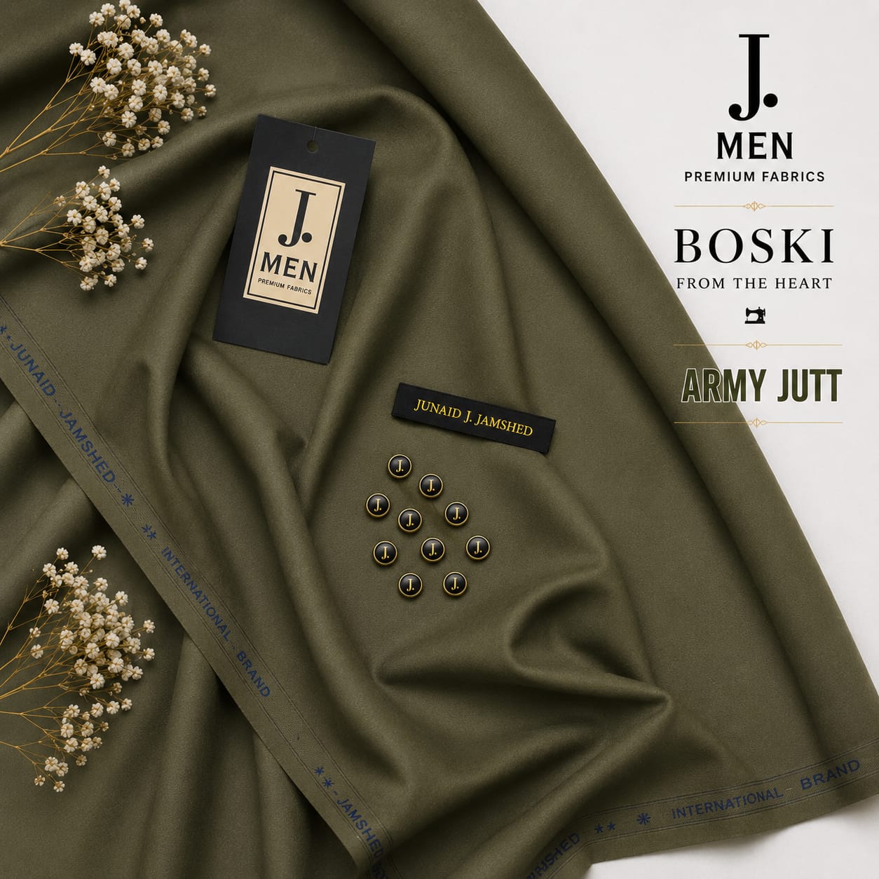 J. Junaid Jamshaid Online Premium Wash & Wear Boski Suiting For Men Army Jutt