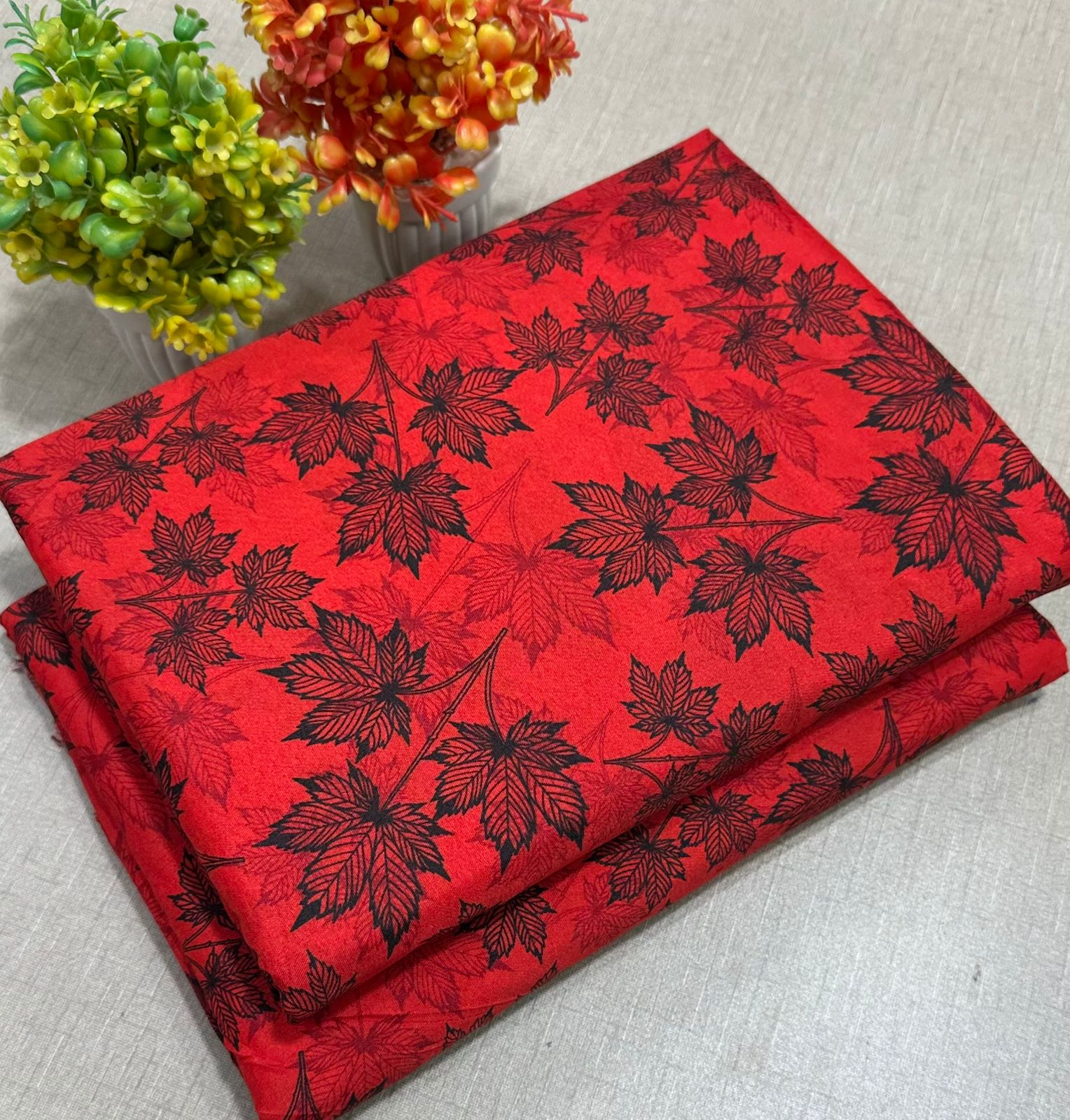 Summer Cotton All over 2pcs Premium Suit Red Tran Black Floral