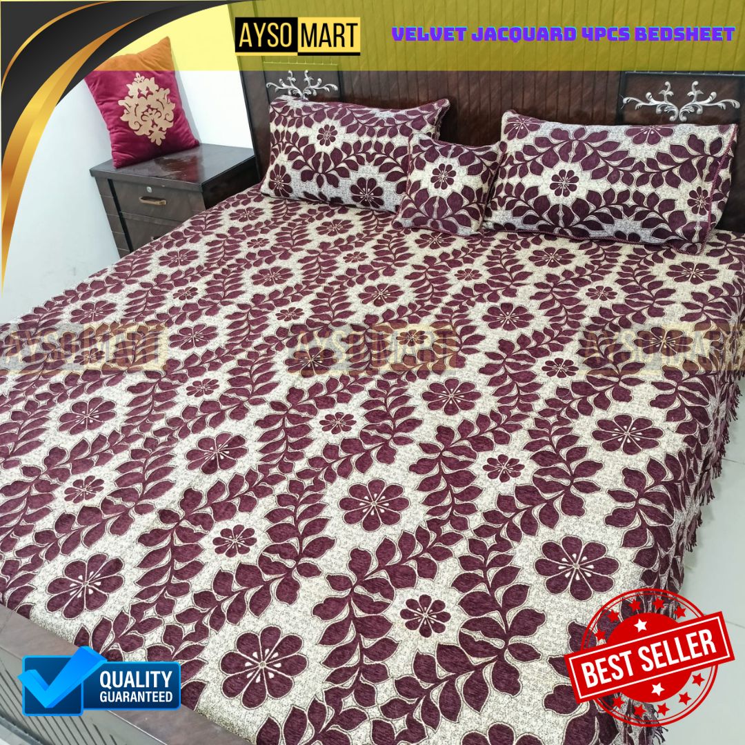 Velvet Jacquard 4pcs King Size Bedsheet Set leafs