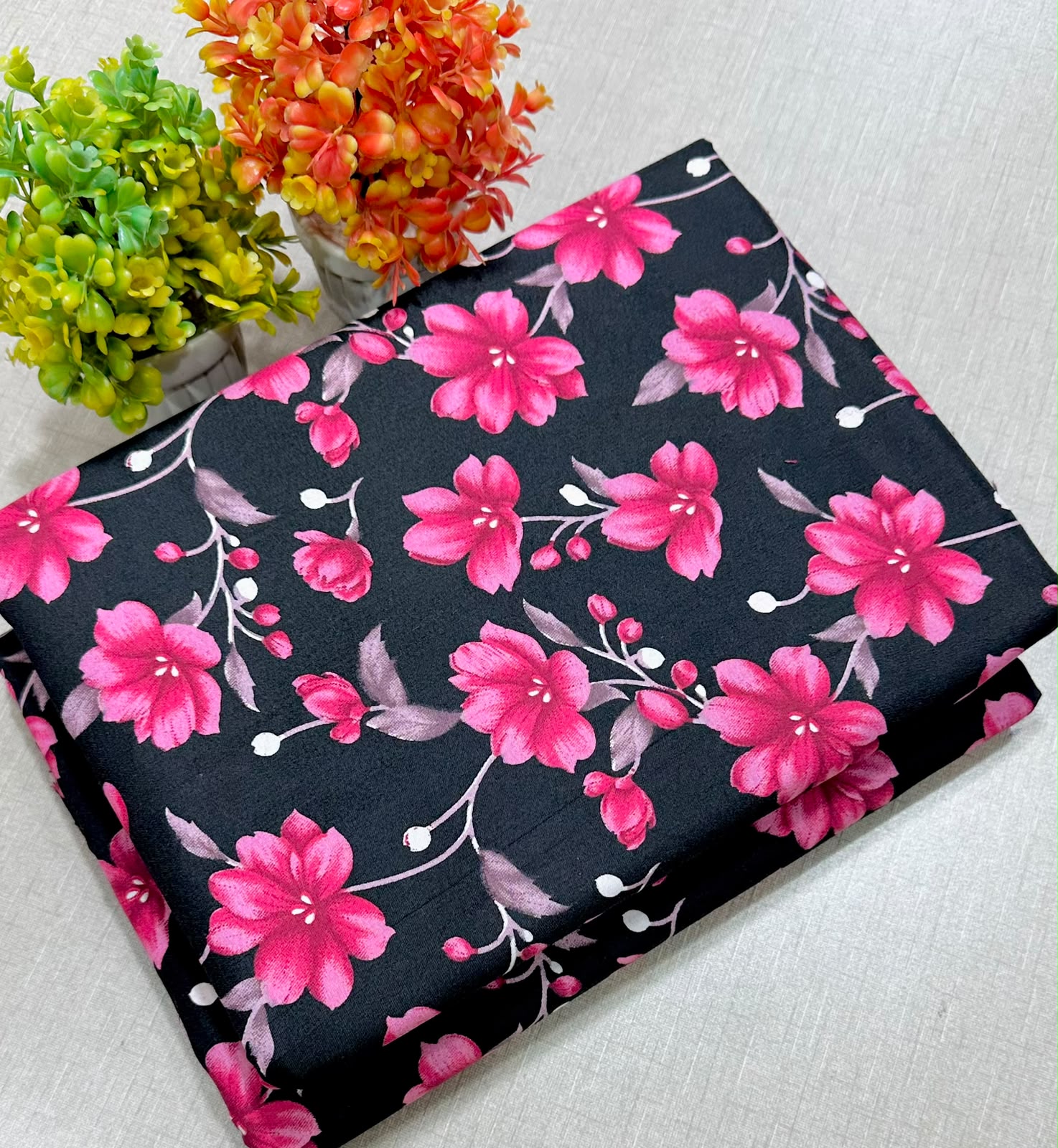 Summer Cotton All over 2pcs Premium Suit Black Pink Flowers NW