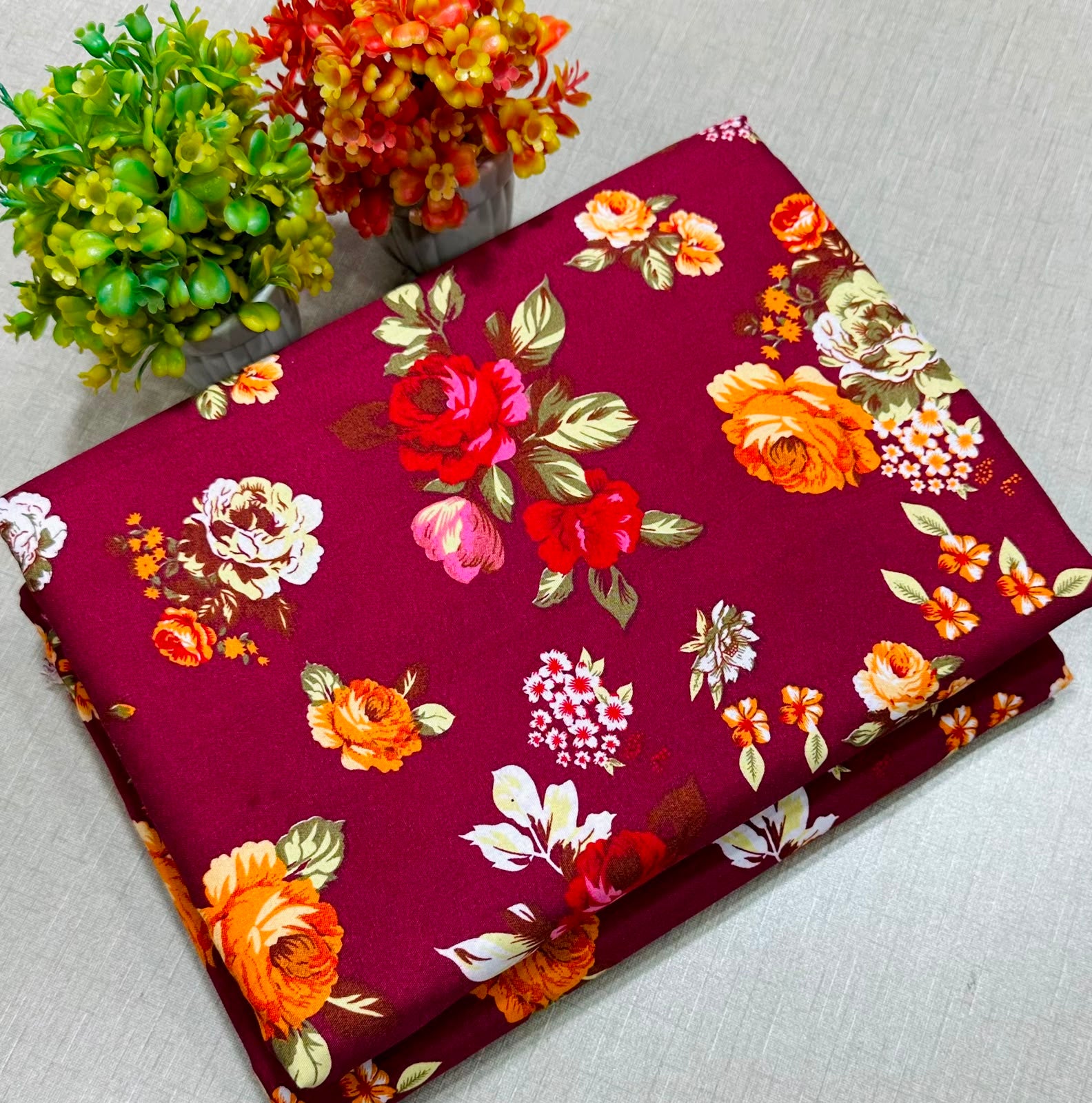Summer Cotton All over 2pcs Premium Suit Meroon Red Rose Floral