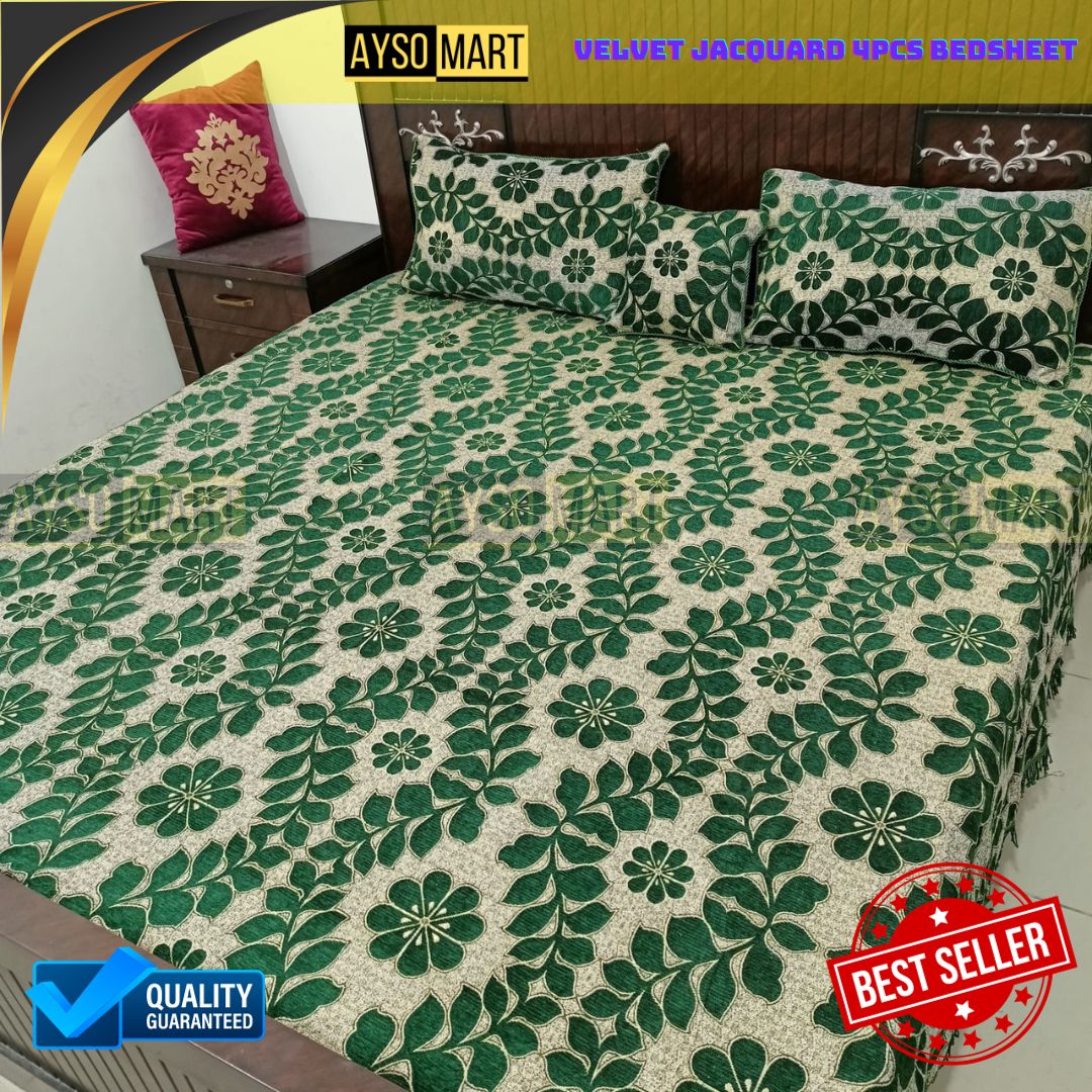 Velvet Jacquard 4pcs King Size Bedsheet Set leafs