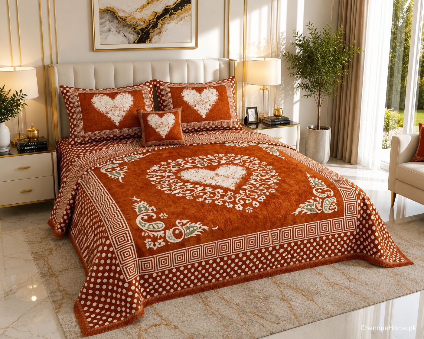 Sweetheart Luxury 4pcs Velvet Jacquard Bedsheet Set Orange