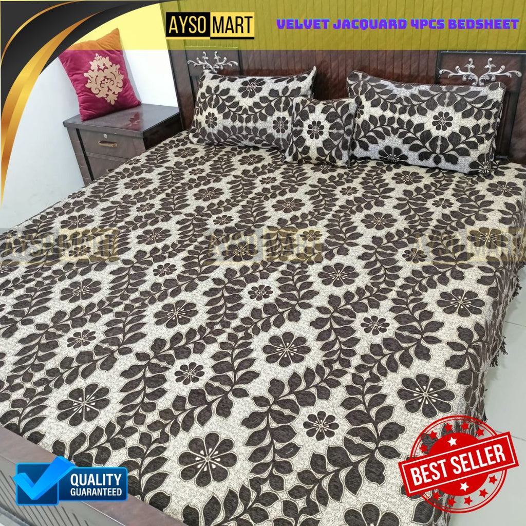 Velvet Jacquard 4pcs King Size Bedsheet Set leafs