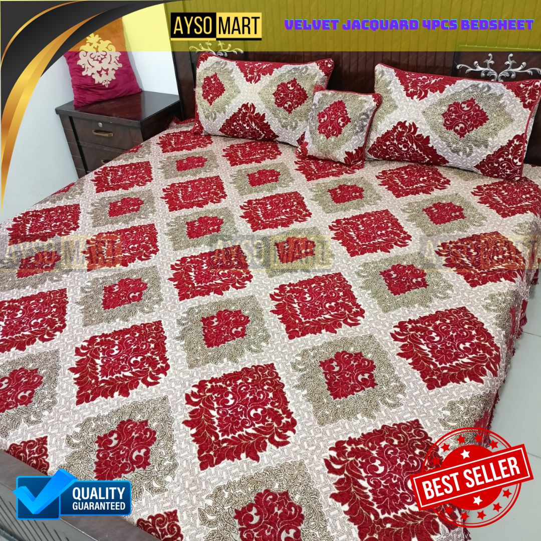 Velvet Jacquard 4pcs King Size Bedsheet Set