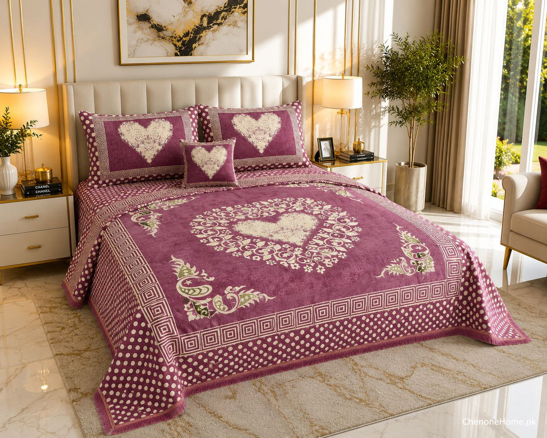 Sweetheart Luxury 4pcs Velvet Jacquard Bedsheet Set Pink