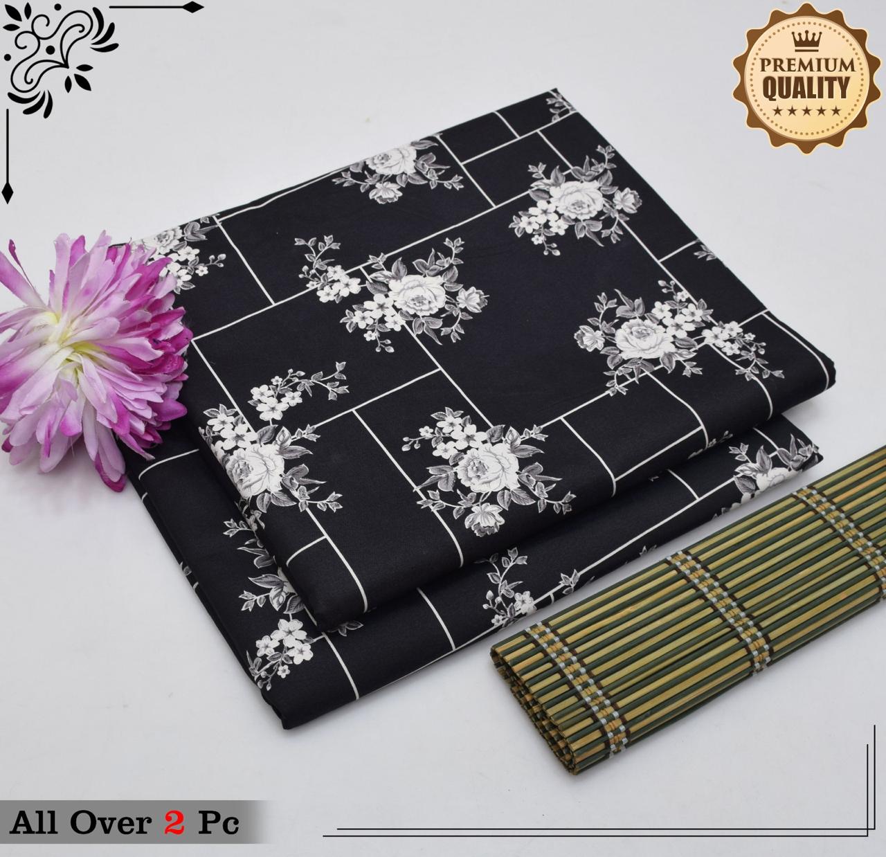 Summer Cotton All over 2pcs Premium Suit Black White Floral