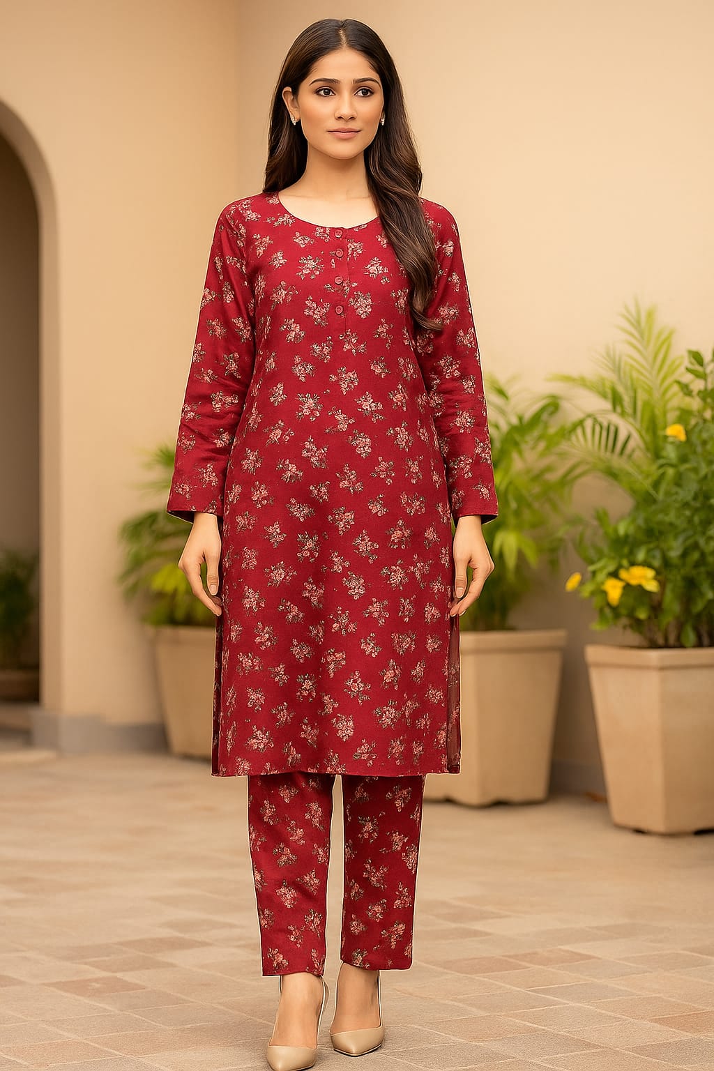 Summer Cotton All over 2pcs Premium Suit Meroon Sm FLRL