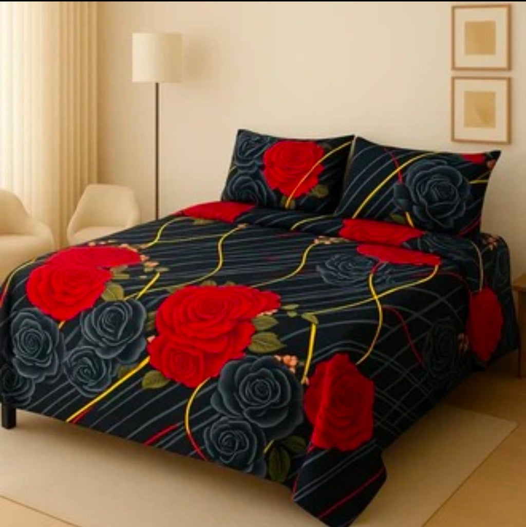 Black Big Rose 3D Crystal Cotton Plus Bedsheet AYCP-001020